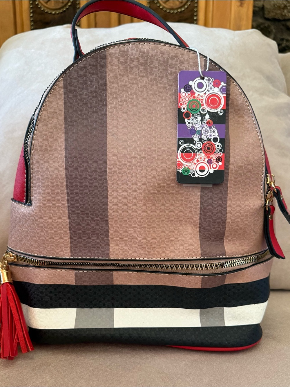 Designer-Inspired Striped Dome Backpack - Taupe, Black & Red